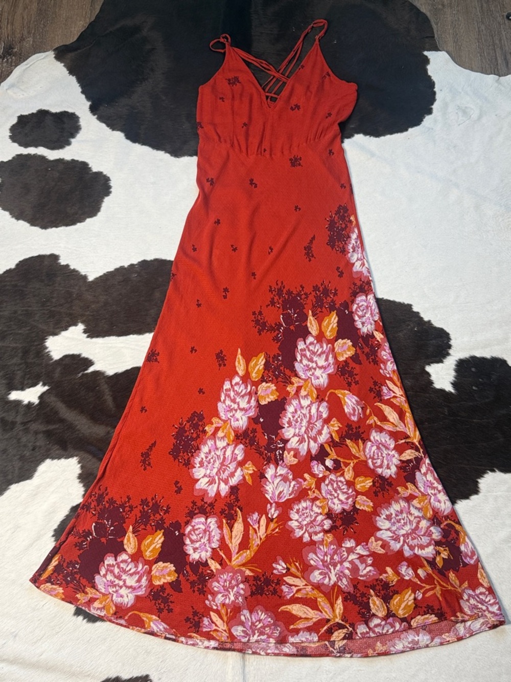 Free People Rust Red Floral Maxi Dress with Crisscross Straps
